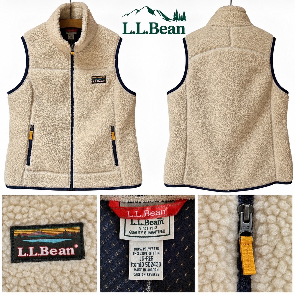LL Bean Womens Mountain Pile Fleece Vest Cream Navy Blue 502430 Large Regular